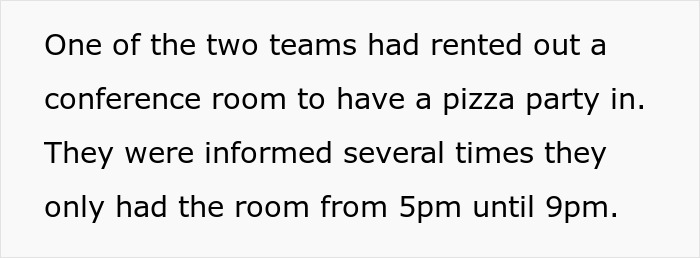 A black on white text image explaining how a team rented a hotel conference room for a pizza party