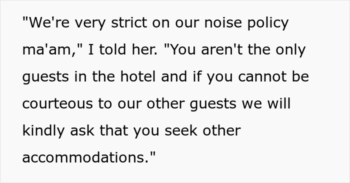 Text post warning a guest about a strict noise policy from a bridezilla ruins hotel rooms account.