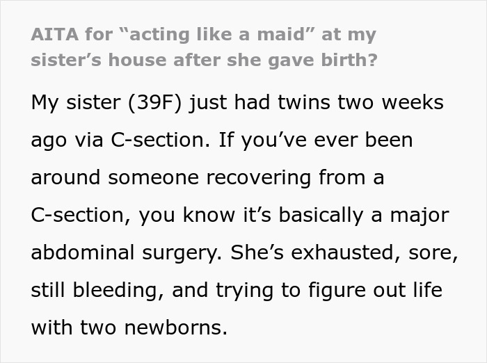 Sis Comes To Aid Postpartum Mom With Household Chores, BIL Says Wife Should Handle It Herself