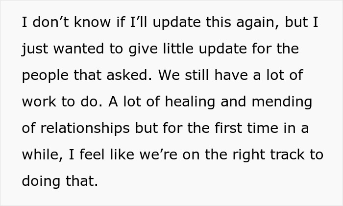 Text update about healing and mending relationships following a dispute over stepchild’s food.
