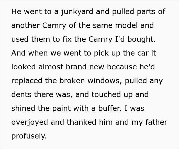 A text story about getting parts from a junkyard to repair his first car A text story about getting parts from a junkyard to repair his first car