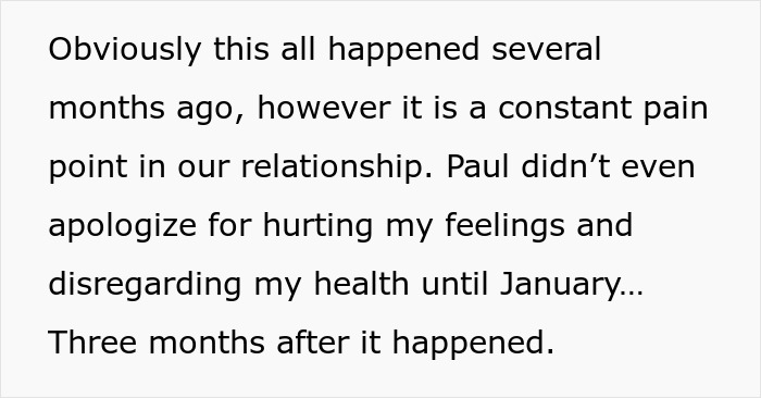 A block of text detailing relationship struggles after the boyfriend gets a large dog.
