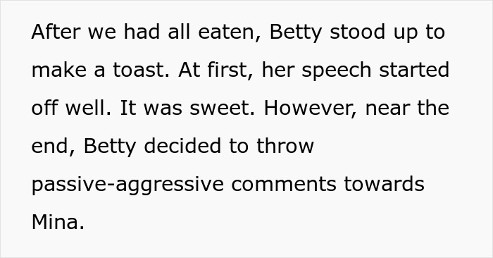 Text about Betty giving a speech and making passive-aggressive comments towards brother's wife Mina. Text about Betty giving a speech and making passive-aggressive comments towards brother's wife Mina.