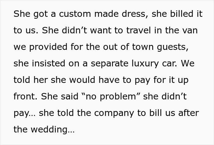 Stepmom billed custom dress and luxury car expenses to groom after wedding
