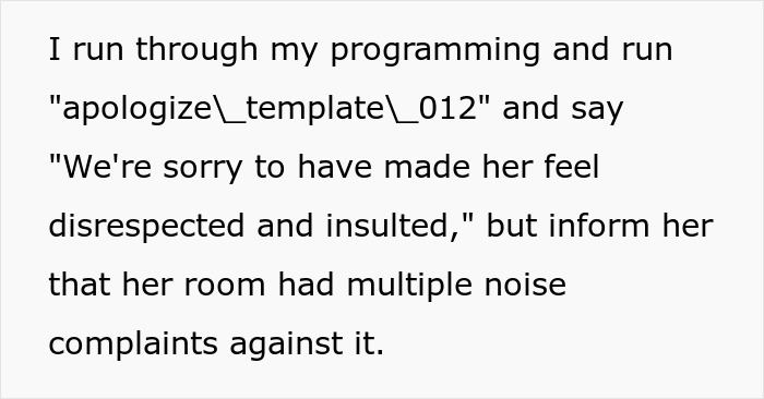 Text post about offering a robotic apology to a guest in a bridezilla ruins hotel rooms story.