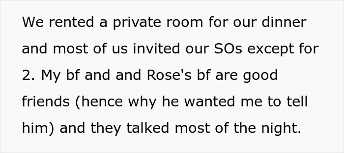 Text snippet about a dinner party setting in a story where a woman tricks her BF into thinking she is pregnant. Text snippet about a dinner party setting in a story where a woman tricks her BF into thinking she is pregnant.