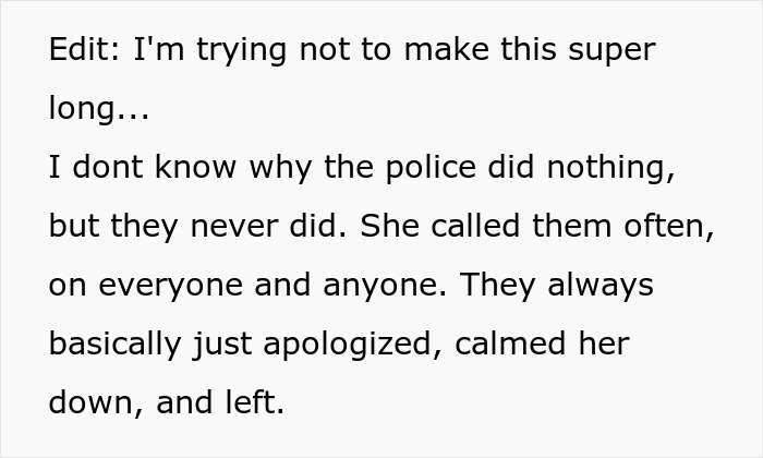 A text story update explaining how an unhinged mom constantly called the police on her neighbors. A text story update explaining how an unhinged mom constantly called the police on her neighbors.