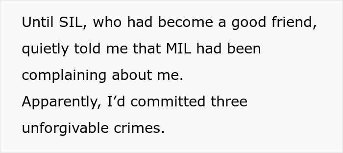 Text about MIL complaining and accusing three unforgivable crimes in toxic mom family story Text about MIL complaining and accusing three unforgivable crimes in toxic mom family story