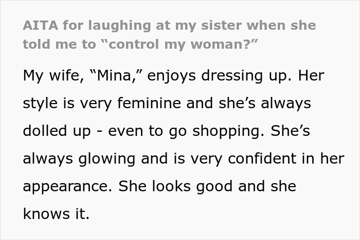 An online post asking if they are wrong for laughing when their sister told them to control his wife. An online post asking if they are wrong for laughing when their sister told them to control his wife.
