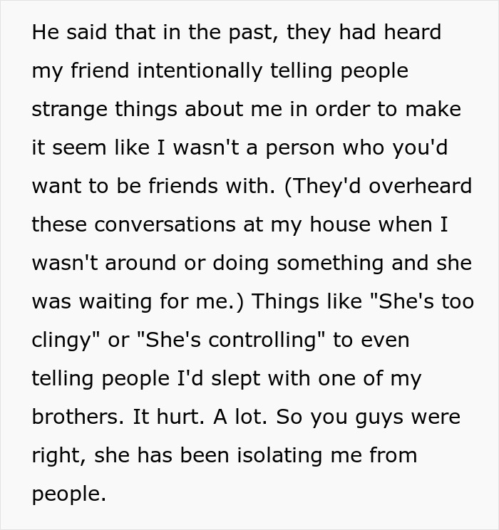Text revealing friend's behavior of spreading lies and isolating the teen Text revealing friend's behavior of spreading lies and isolating the teen