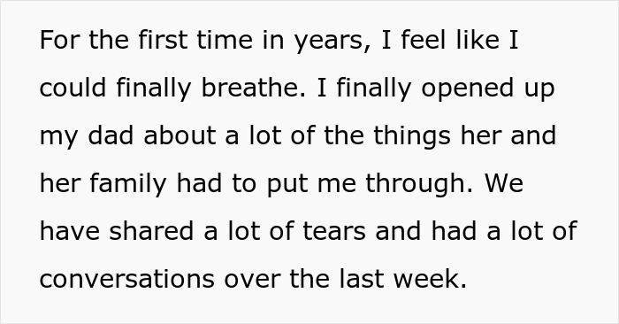 Screenshot of text describing a child feeling relieved after a woman caught throwing away stepchild's food is gone.