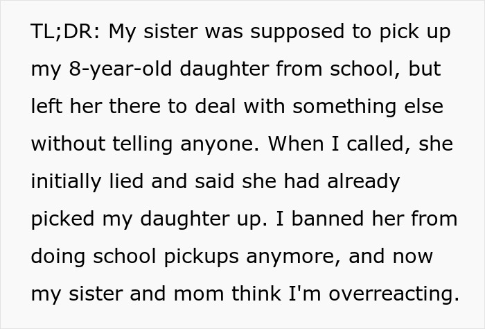 TL;DR text summary explaining family conflict when aunt leaves 8YO niece alone at school. TL;DR text summary explaining family conflict when aunt leaves 8YO niece alone at school.