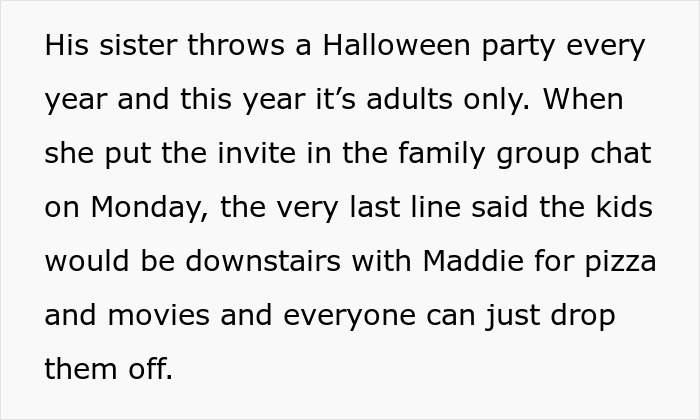 Text post describing an entitled aunt Halloween invite expecting free babysitting for kids downstairs.