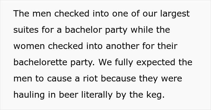 A black text image describing a bachelor party and a bachelorette party checking into hotel suites.