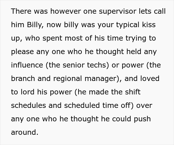 Text describing Billy, a manipulative supervisor who gets demoted after he wronged a resilient employee