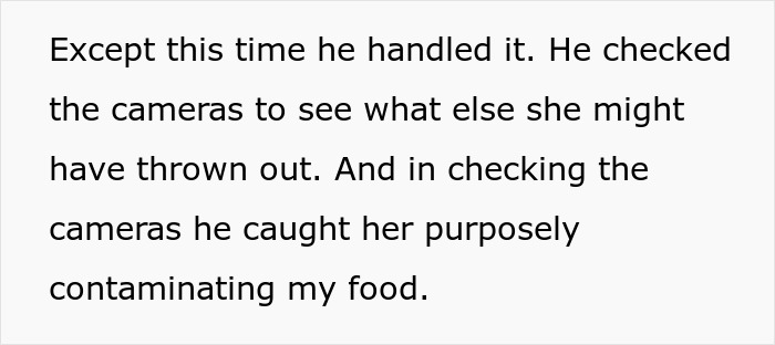 Text post describing how checking security cameras caught a stepmother sabotaging stepchild food.