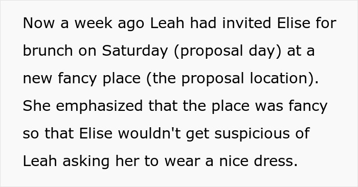 Text post describing the cover story created by a friend to help execute a dream proposal without raising suspicion.