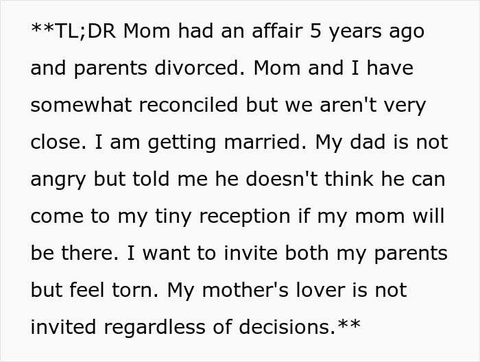 Dad Threatens To Skip Daughter’s Wedding If She Invites Cheater Mom, She’s Fed Up With Their Drama Dad Threatens To Skip Daughter’s Wedding If She Invites Cheater Mom, She’s Fed Up With Their Drama
