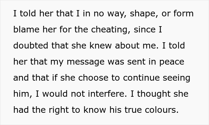 Text image describing how a woman dumps cheater bf and tells his mistress the truth. Text image describing how a woman dumps cheater bf and tells his mistress the truth.