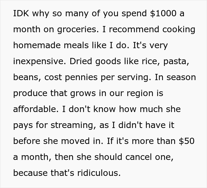 Screenshot of grocery budget advice, highlighting a couple fights over cashews and olive oil. Screenshot of grocery budget advice, highlighting a couple fights over cashews and olive oil.