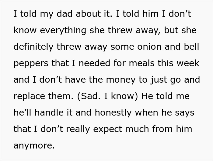 Text story detailing conflict over ruined groceries and throwing away stepchild food.