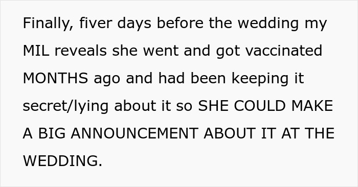 MIL Lies About Being Vaccinated For A "Big Announcement" At The Wedding