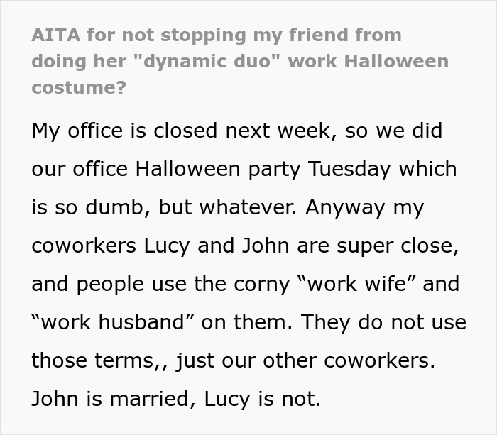 Wife Furious That Husband And 'Work Wife' Wear Matching Halloween Costumes