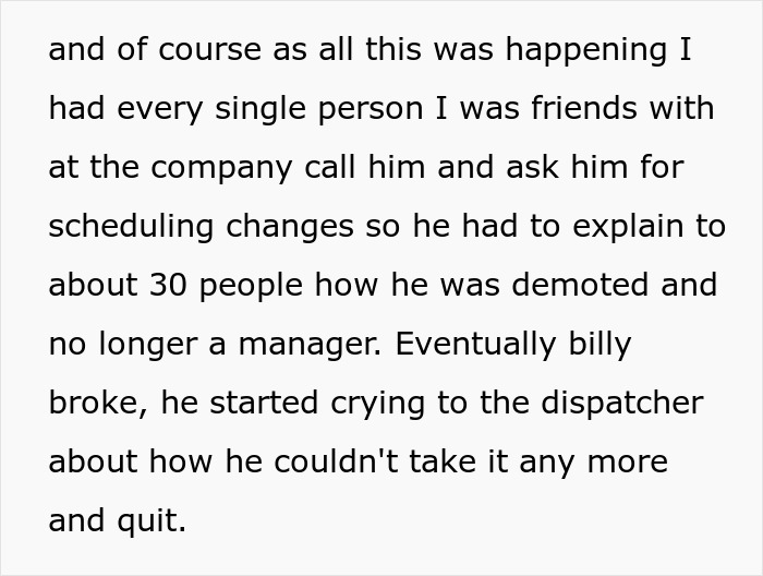A black on white text post about a boss who gets demoted and subsequently quits his job.