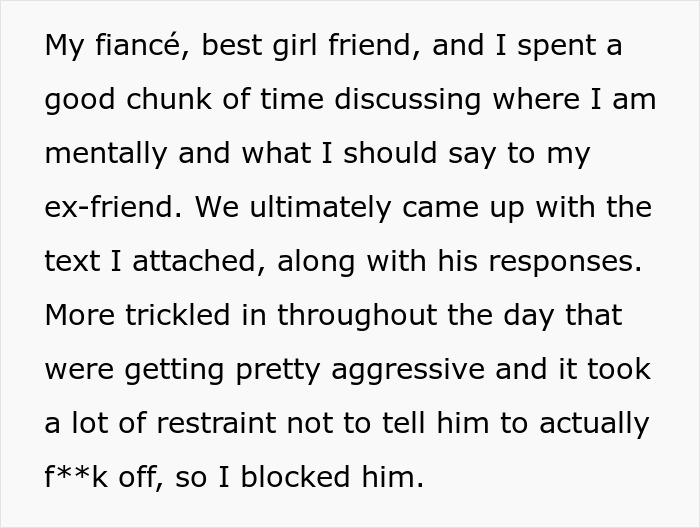A screenshot explaining that she blocked her aggressive ex-friend A screenshot explaining that she blocked her aggressive ex-friend