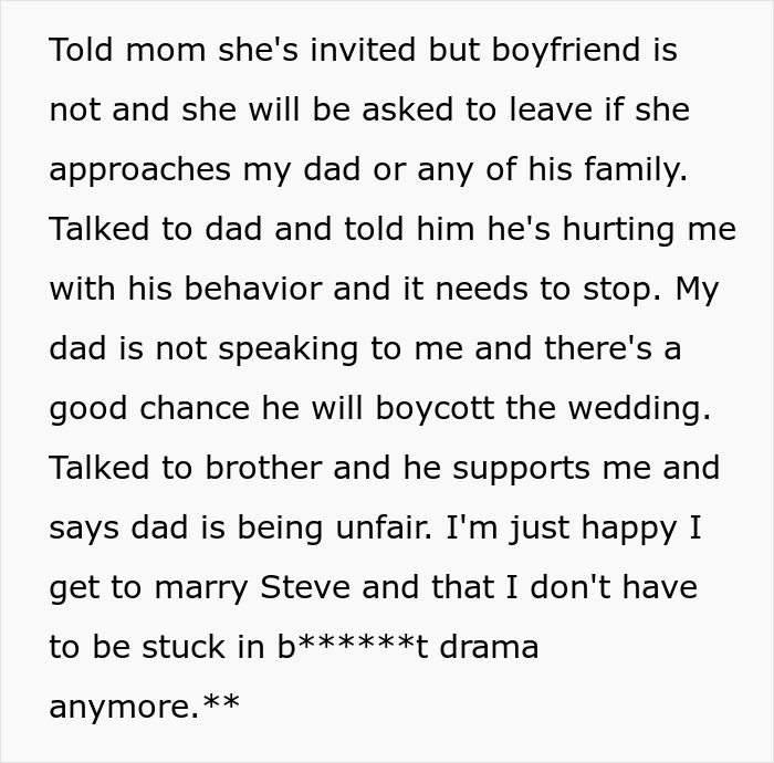Dad Threatens To Skip Daughter’s Wedding If She Invites Cheater Mom, She’s Fed Up With Their Drama Dad Threatens To Skip Daughter’s Wedding If She Invites Cheater Mom, She’s Fed Up With Their Drama