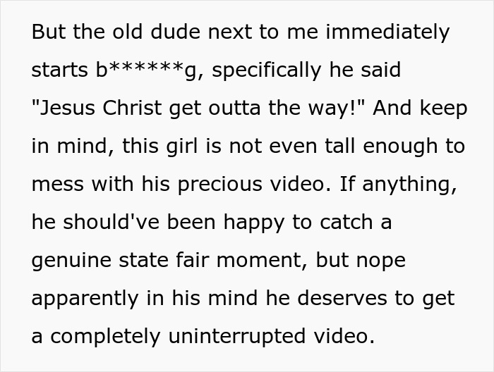 Text snippet explaining how an older man angrily yelled at a little girl for blocking his video recording. Text snippet explaining how an older man angrily yelled at a little girl for blocking his video recording.