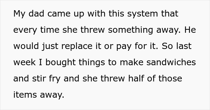 Screenshot of text detailing a stepmother throwing away stepchild food and groceries.