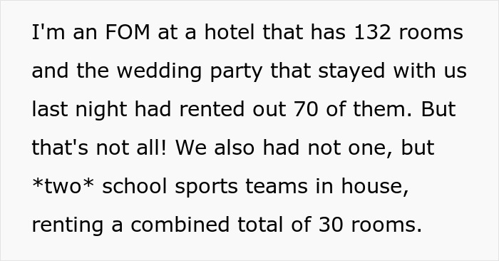 Text explaining a wedding party booking 70 hotel rooms.