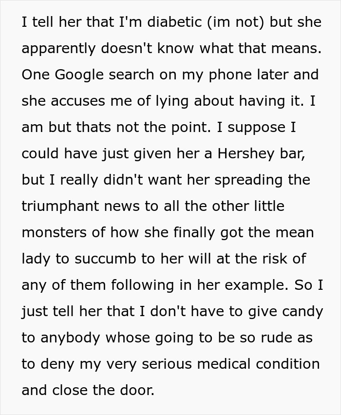 Story text about refusing candy to rude kids on Halloween