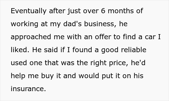 A black-and-white text image about working at a dad's business to help buy his first car A black-and-white text image about working at a dad's business to help buy his first car