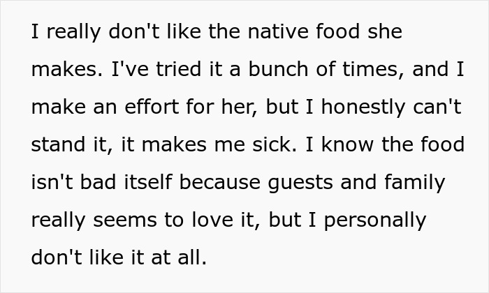 Text snippet explaining a husband’s conflict over his wife’s cultural cuisine. Text snippet explaining a husband’s conflict over his wife’s cultural cuisine.