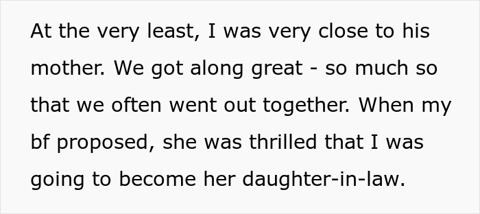 Text post explaining how the woman was close to her ex-fianc&eacute;'s mother before the engagement fell apart.