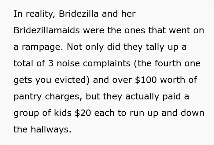 A black text image detailing a bridezilla going on a rampage and paying kids to run in hotel hallways.