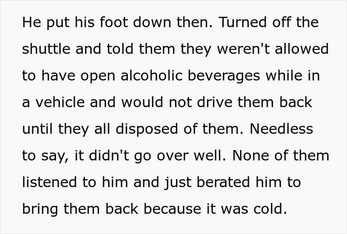 Black text about a driver refusing to transport guests, from a story where a bridezilla ruins hotel rooms.