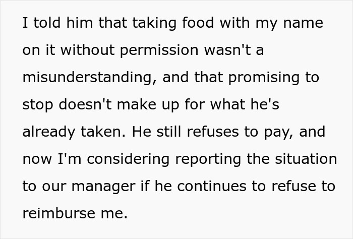 A text screenshot about a person considering reporting their coworker for taking their food without permission.