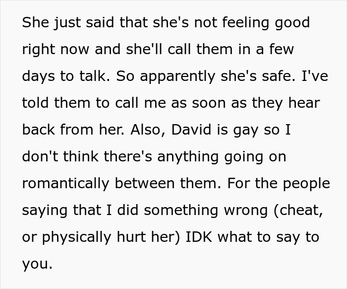 Text detailing an update on the girlfriend's safety after her disappearing act ruined a dream proposal.