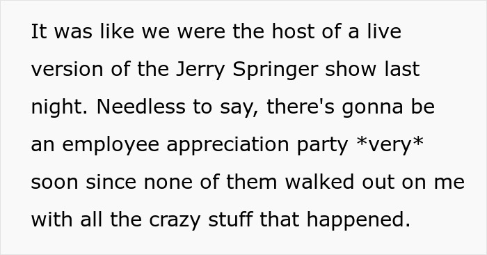 A story of a crazy hotel event compared to the Jerry Springer show.