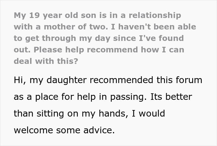 Text post about a mom seeking advice on her 19 year old son's relationship Text post about a mom seeking advice on her 19 year old son's relationship
