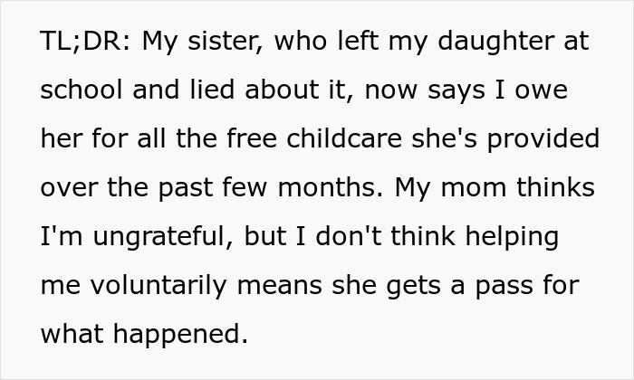 TLDR text about how an aunt leaves niece at school and demands payment for past favors. TLDR text about how an aunt leaves niece at school and demands payment for past favors.