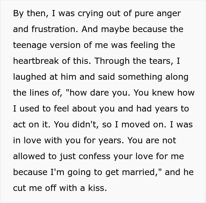 Screenshot of text detailing a confession from bestie on the day she gets engaged. Screenshot of text detailing a confession from bestie on the day she gets engaged.