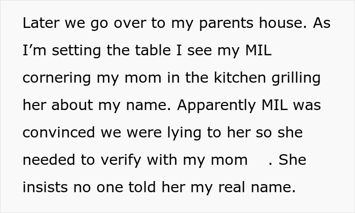 A screenshot of a text post detailing a MIL confronting the DIL’s mother to verify her real name. A screenshot of a text post detailing a MIL confronting the DIL’s mother to verify her real name.