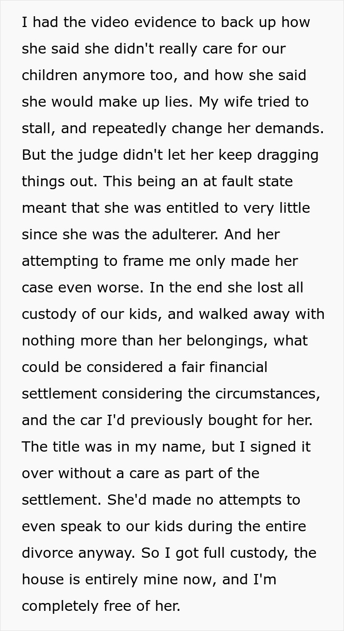 Text explaining the final court ruling following a marriage-ending scandal. Text explaining the final court ruling following a marriage-ending scandal.