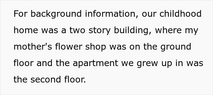 Text describing the family home with a flower shop on the ground floor and an apartment above. Text describing the family home with a flower shop on the ground floor and an apartment above.