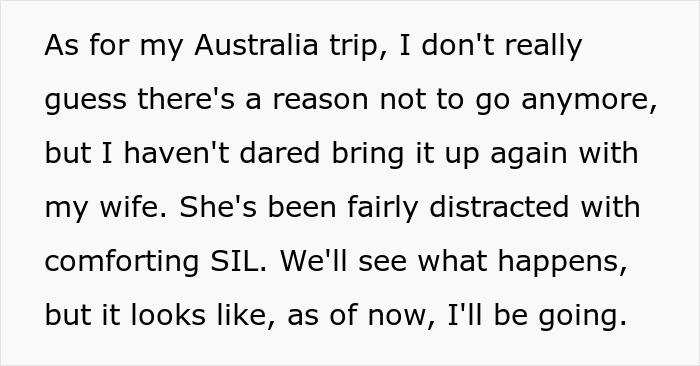 A text post discussing plans for an Australia trip and comforting a SIL after wedding drama. A text post discussing plans for an Australia trip and comforting a SIL after wedding drama.
