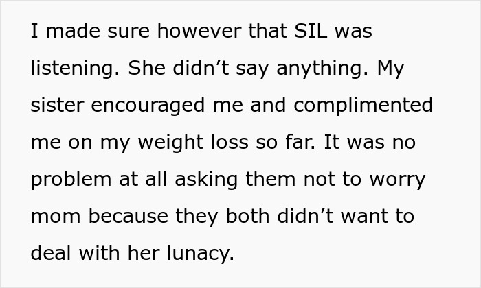 Text about family dynamics and sister-in-law's reaction to weight loss Text about family dynamics and sister-in-law's reaction to weight loss